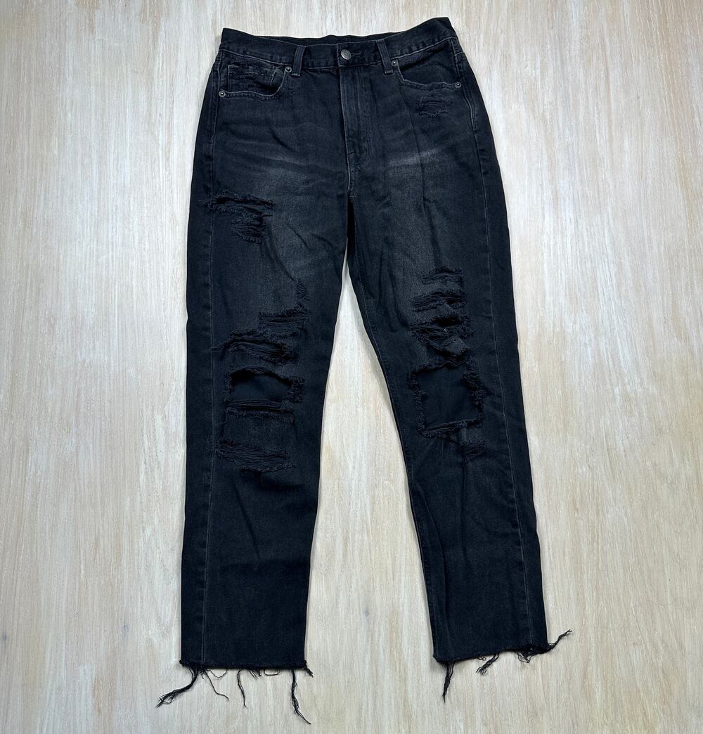 American Eagle Mom Jean Washed Black Distressed Ripped High Rise Raw Hem Jeans 6